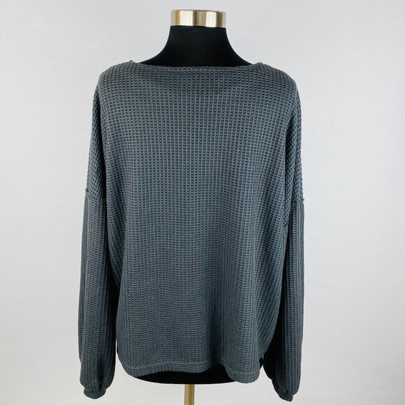 Shein Womens 12 Gray Long Sleeve Pocketed Split Neckline Textured Top - Picture 6 of 7